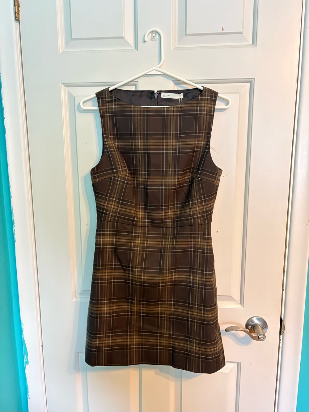 Sleeveless Brown Plaid Boatneck Dress